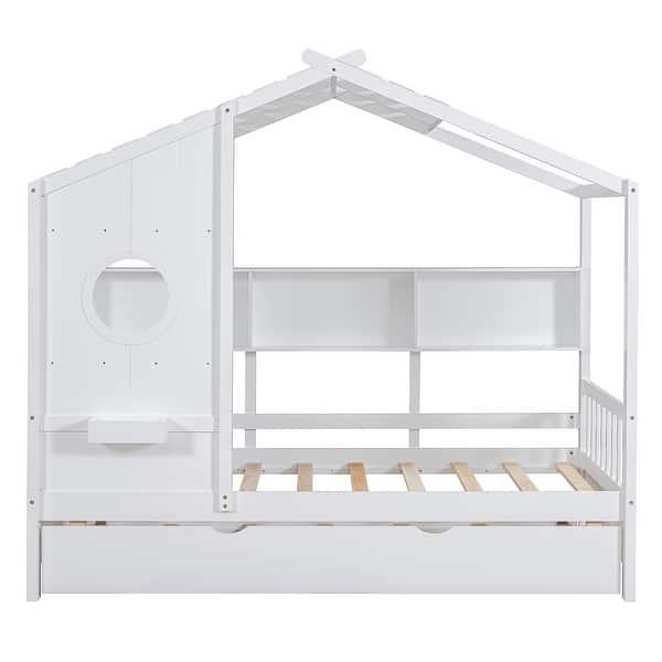slide 2 of 16, Twin Size House Bed Frame with Trundle and Storage Shelves, Wooden House Shaped Bed with Support Slats for Kids,White White - Twin