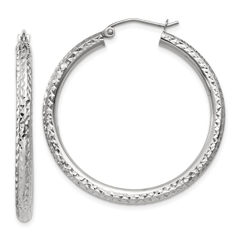 Curata 10k White Gold 3mm Full Diamond Cut Round Hoop Earrings -14mm 16mm 20mm 25mm 30mm 35mm 40mm 45mm 55mm