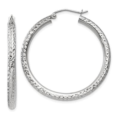 Curata 10k White Gold 3mm Full Diamond Cut Round Hoop Earrings -14mm 16mm 20mm 25mm 30mm 35mm 40mm 45mm 55mm