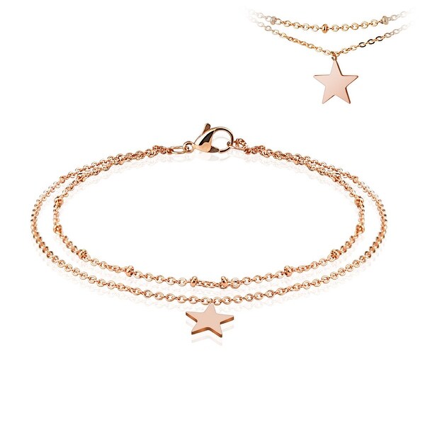 Star Dangling Charm Rose Gold Stainless Steel Beaded Double Link Chain Anklet/Bracelet (13.5 mm) - 9.25 in