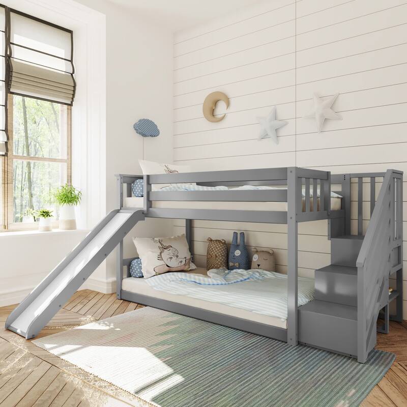 Max and Lily Low Bunk with Staircase Bunk with Slide - Grey