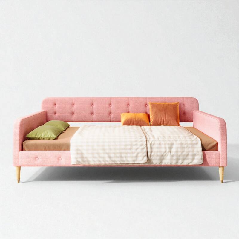 Queen Size Upholstered Daybed with Linen Fabric, Solid Wood Frame, 800 lb Capacity, No Box Spring Needed
