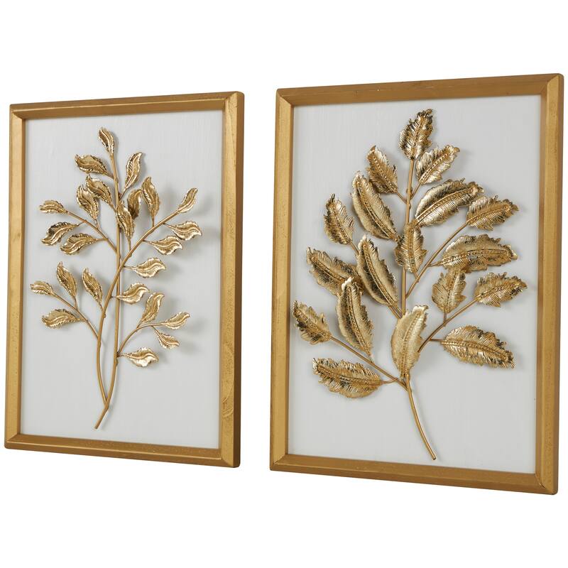 Gold Wood 3D Leaf Home Wall Decor with Beveled Frame (Set of 2)