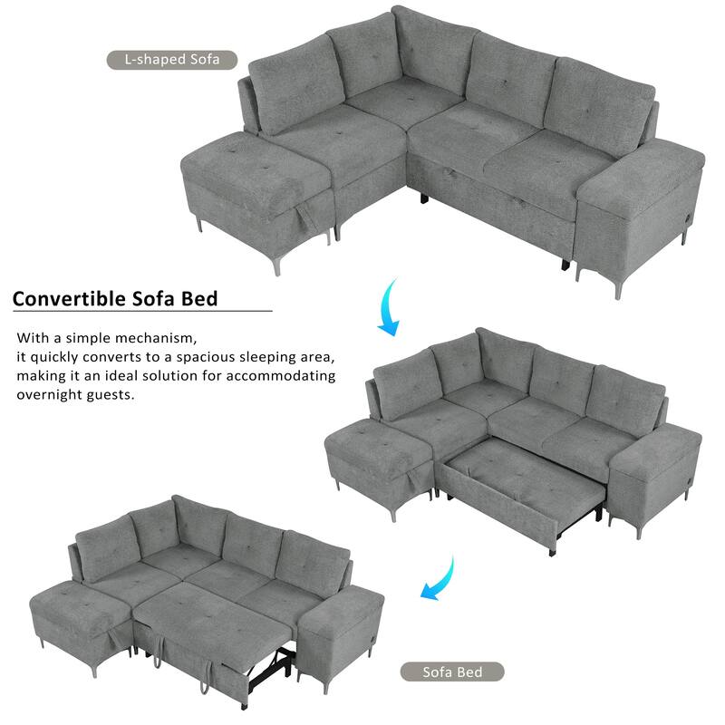 88.2" Chenille L-Shaped Sofa with Bed, Storage, Cup Holders, USB