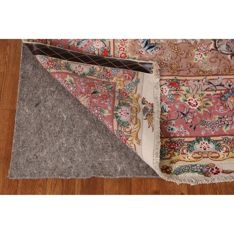 Hand Knotted Oriental Wool & Silk Carpet Traditional Floral Beige & Ivories Tabriz Area Rug - 10' 4'' X 6' 6''