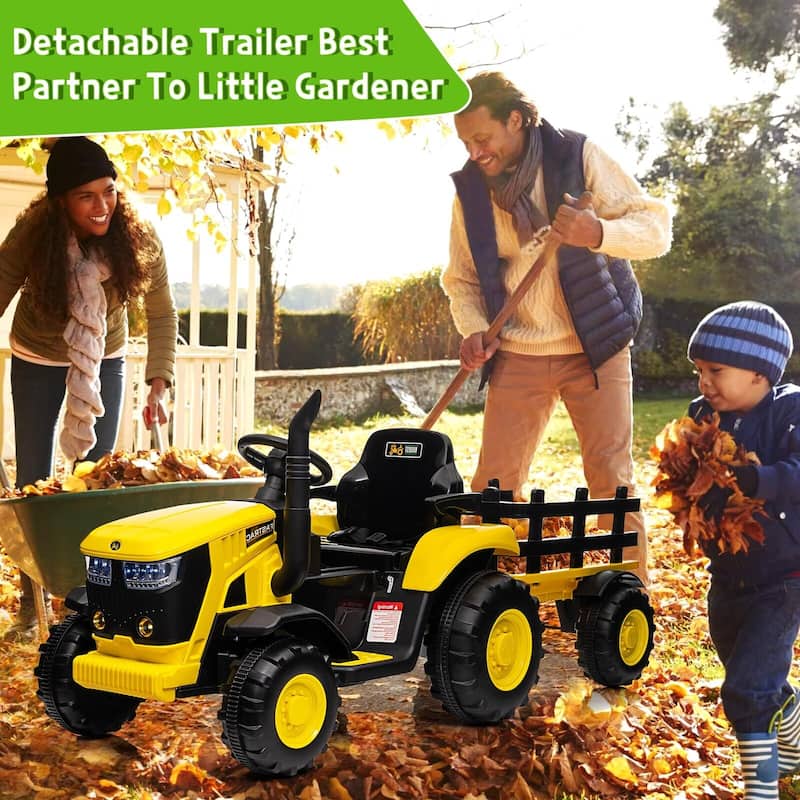 Electric Kids Ride On Tractor with Trailer, 12V Battery Powered Vehicle Toy