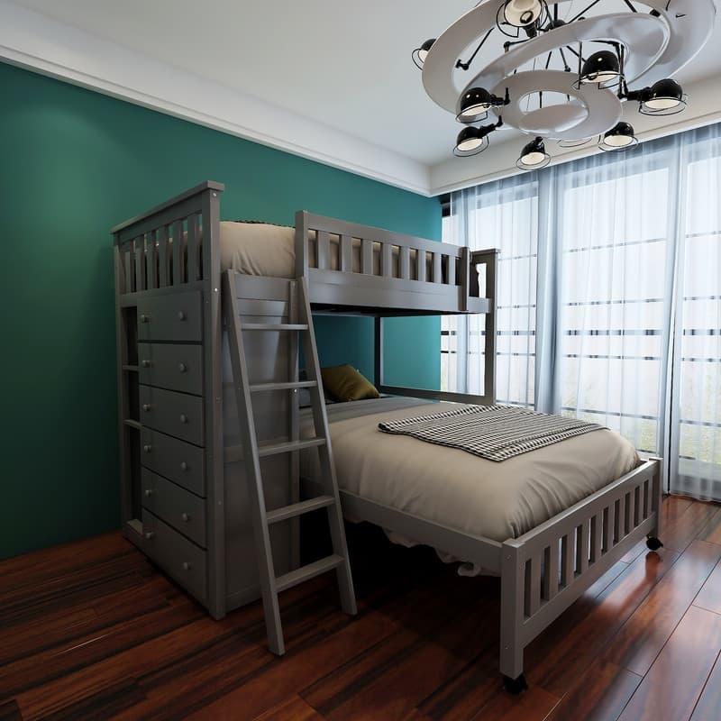 Twin Over Full Bunk Bed with 6 Drawers, Flexible Shelves and GuardRail - Gray