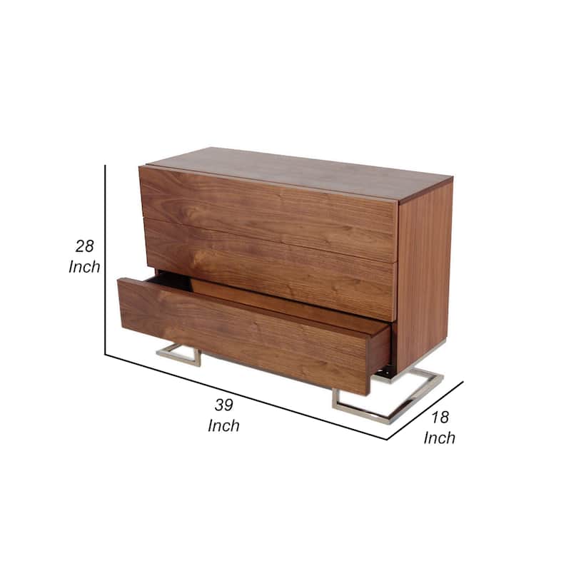 Sam 39 Inch Dresser, 3 Drawers, Sleek Chrome Steel Legs, Walnut Brown Wood