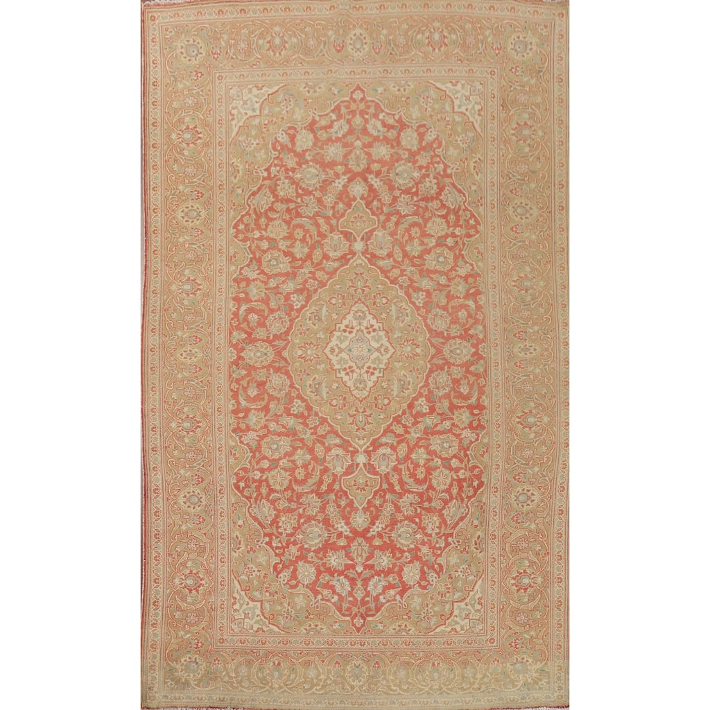 Traditional Floral Mashad Vintage Persian Rug Hand-Knotted Wool Carpet - 6'9" x 11'5"