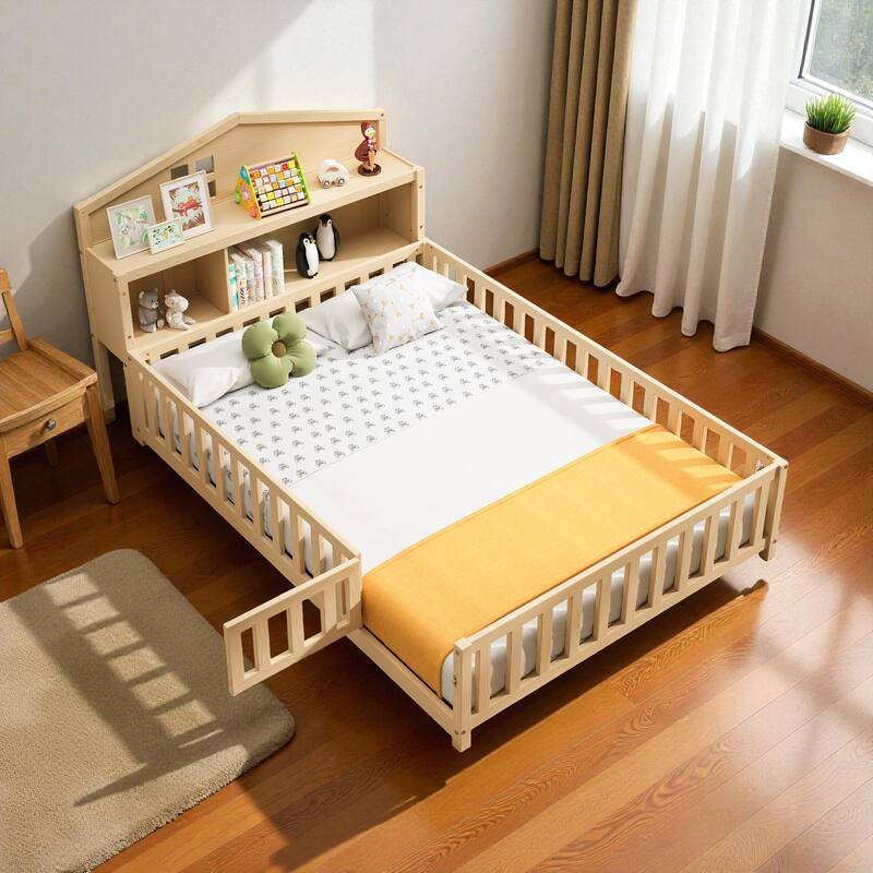 Full Size Montessori Floor Bed with Guard Rails, Bookcase Headboard & Blackboard, Solid Wood Platform Bed for Kids