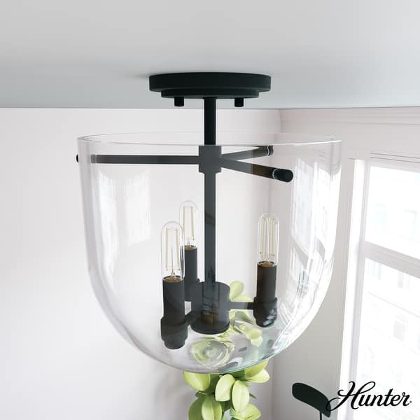 slide 2 of 7, Hunter Sacha 3-Light Semi-Flush Mount Ceiling Light w/ Clear Glass - Entry, Dining Room, Kitchen Table - Modern, Low-Profile Natural Iron