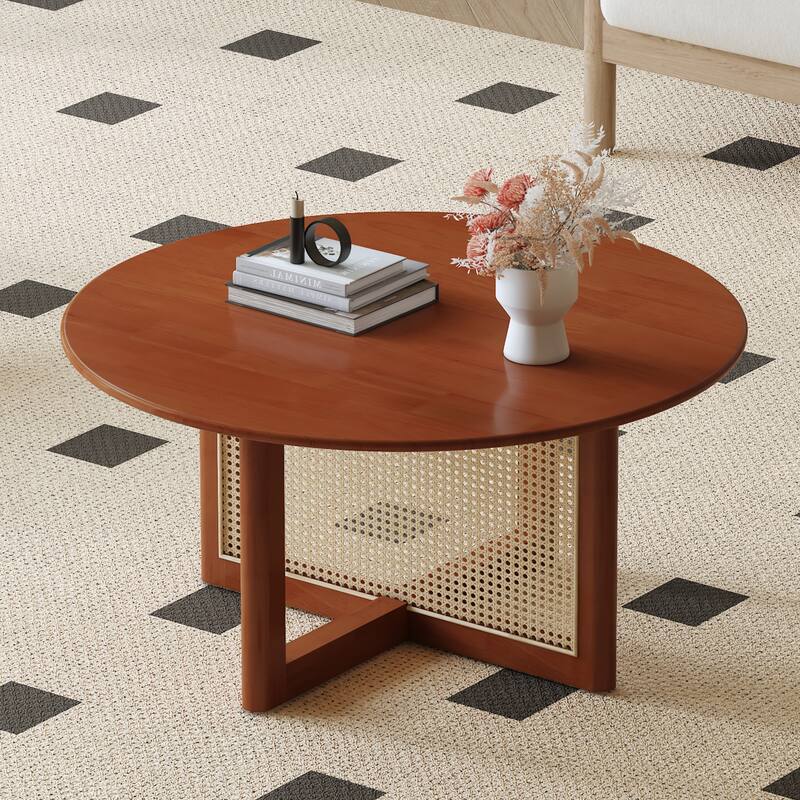 A natural and elegant deep red wooden coffee table with artificial rattan decorations