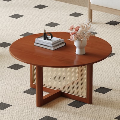 Modern Dark Red Wooden Coffee Table Solid Wood Rattan Coffee Table with Artificial Rattan, for Living Room