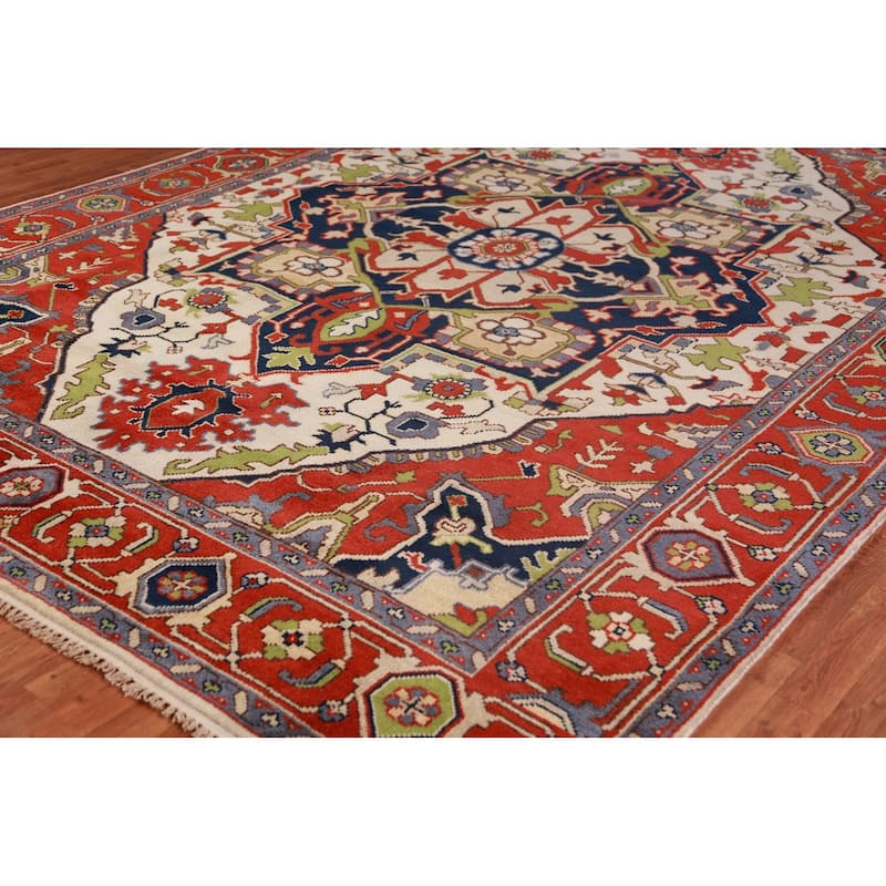 Ivory & Orange Heriz Serapi Indian Area Rug Handmade Wool Carpet - 8'11"x 11'9"