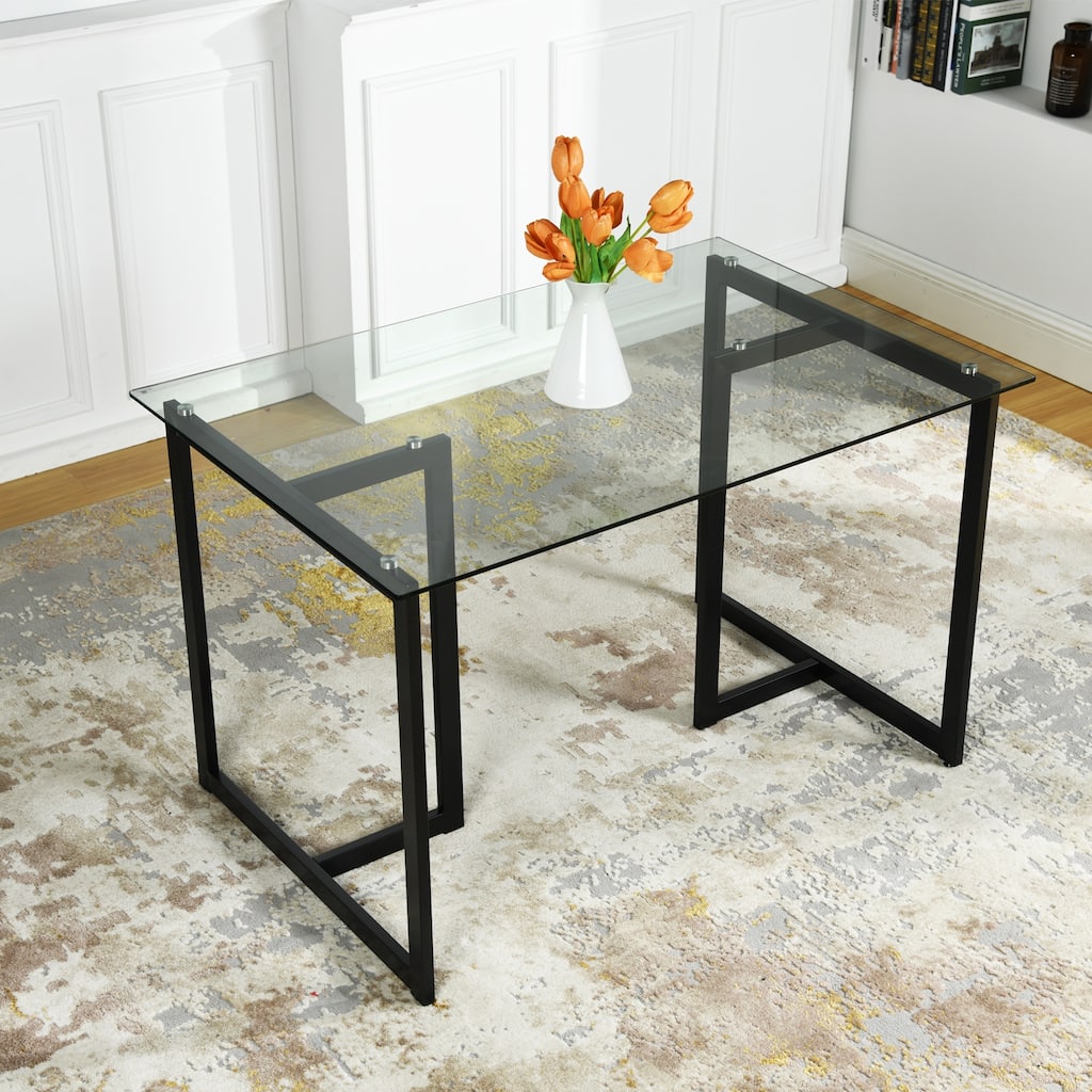 55.1" Modern Spacious Rectangular Tempered Glass Tabletop Dining Table