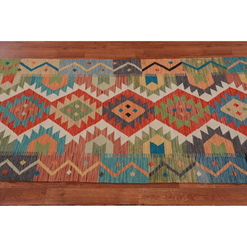 Hand Woven Oriental 100% Wool Carpet Southwestern Geometric Multi-Colored Kilim Runner Rug - 16' 2'' X 2' 10''