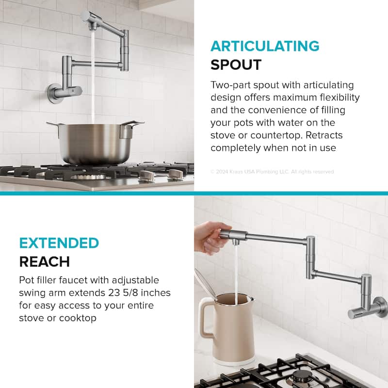 KRAUS Bolden 2 Handle Wall Mount Pot Filler Faucet w/ Retractable Arm