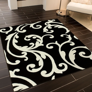 Black AllStar Rugs with White Floral Design Modern Geometric Area