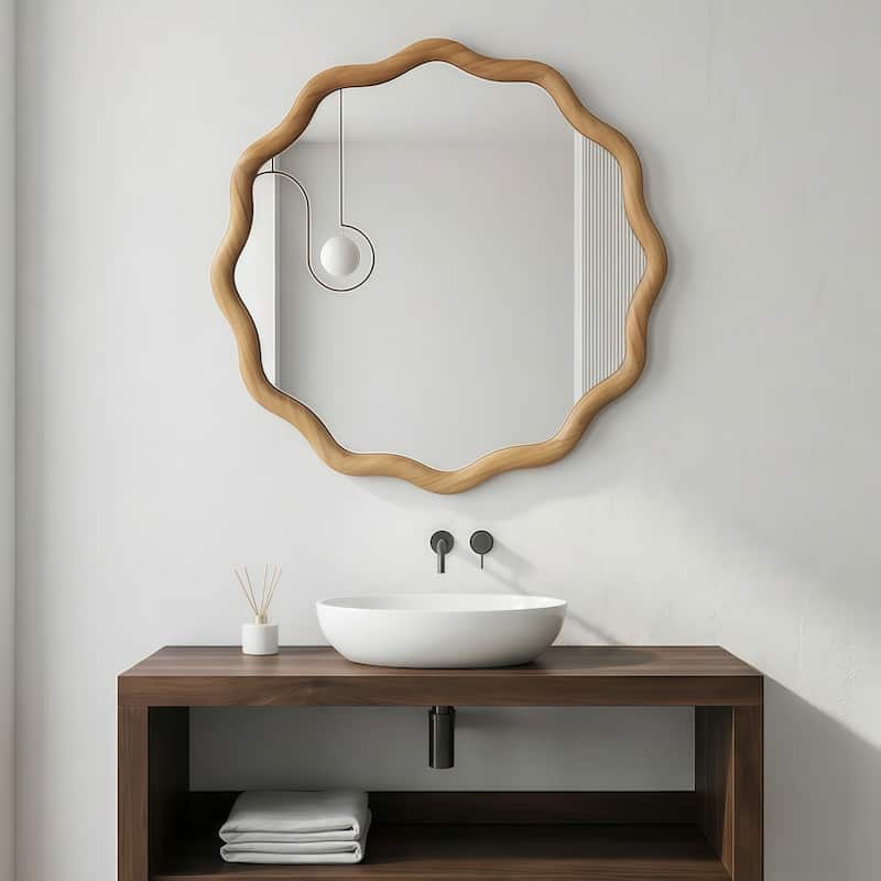 24 inch Wavy Round Solid Wood Frame Decorative Mirror,For Bedroom, Bathroom, Living Room, Entryway - Oak