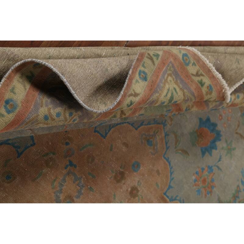 Floral Green Tabriz Persian Vintage Area Rug Hand-Knotted Wool Carpet - 9'7"x 12'11"