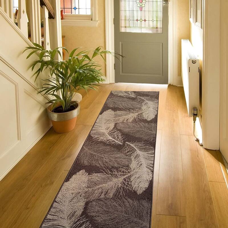 Custom Size Feather Design 26 Inch Wide Non-Slip Stair Runner Rug - 6 Feet - Brown