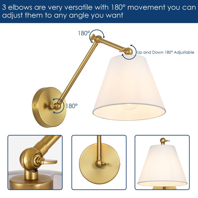 1-Light Modern Brushed Gold Adjustable Swing Arm Wall Sconce with Cone Fabric Shade for Bedroom, Study