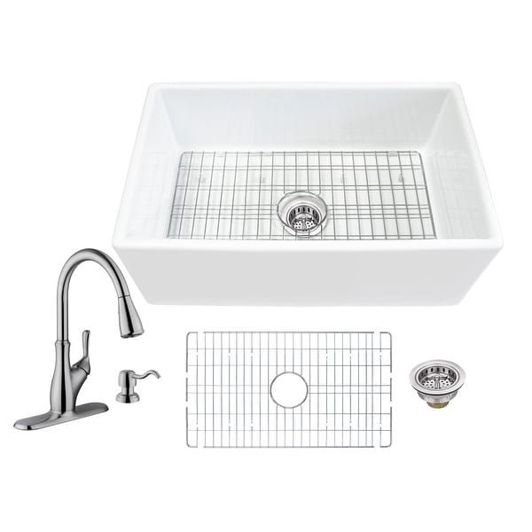 Soleil All-In-One White Fireclay Farmhouse Apron Front Single Bowl Kitchen Sink with Pull Out Kitchen Faucet. Opens flyout.