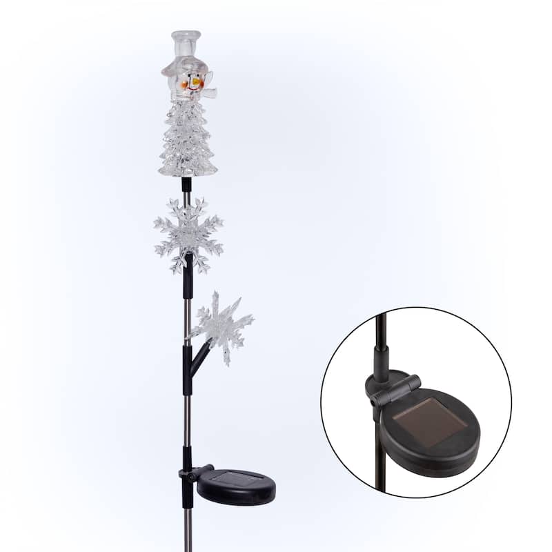 Alpine Corporation 33"H Outdoor Solar Snowman and Snowflakes Garden Stake with LED Lights - White