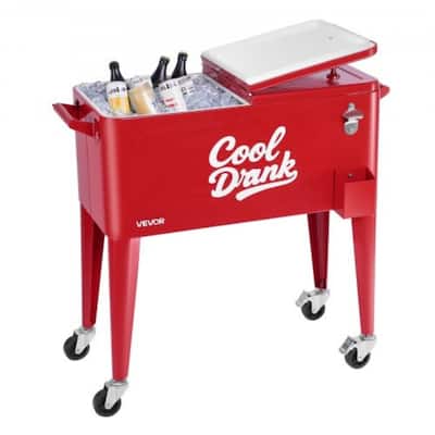 80 Quart Red Rolling Ice Cooler Cart with Bottle Opener for Outdoor Parties Camping or Backyard - 36.02” x 18.31” x 34.65”
