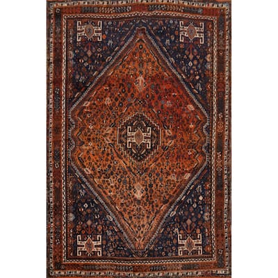 Hand Knotted Oriental 100% Wool Carpet Traditional Medallion Oranges & Rust Shiraz Area Rug - 9' 9'' X 7' 3''