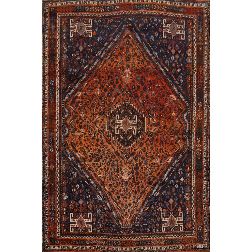 Hand Knotted Oriental 100% Wool Carpet Traditional Medallion Oranges & Rust Shiraz Area Rug - 9' 9'' X 7' 3''