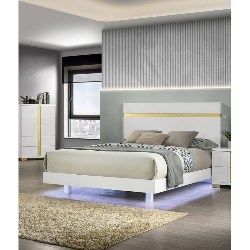 Queen Size Modern LED Bed with Acrylic Trim, Mattress Ready, White Finish