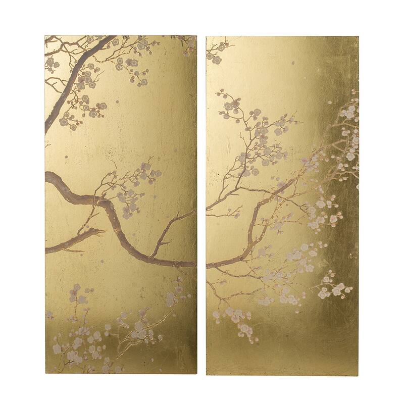 Tim 47 Inch Tall Wall Art Set of 2, Divided Floral Design, Gold, Brown