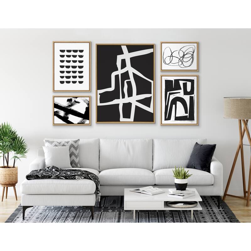 Kate and Laurel Sylvie Bold Sophisticated Abstract White Stroke Framed Canvas by The Creative Bunch Studio