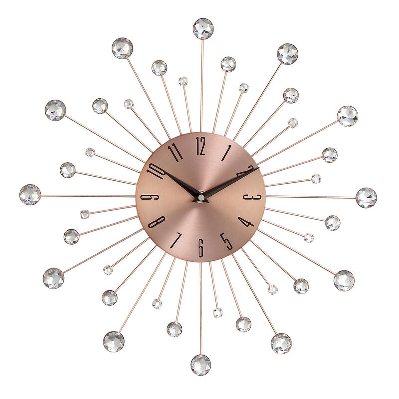 Metal Starburst Decorative Wall Clock with Crystal Accents - Gold, Brown, Silver, Copper - Roche River Decor - Copper - 15" x 1" x 15"