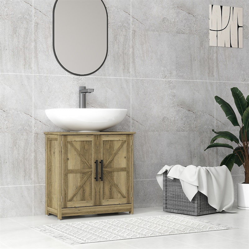 Distressed Grey Pedestal Bathroom Sink Storage Cabinet with Adjustable Shelf and Magnetic Door Closure