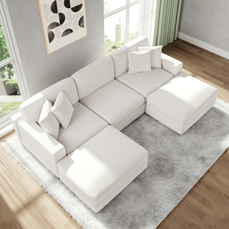 Modular Corduroy Sectional Sofa Set Chaise Couch with Ottoman