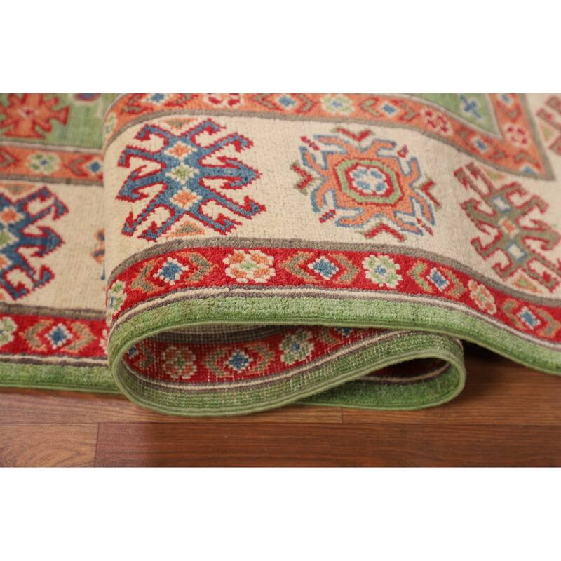 Traditional Green Kazak Oriental Area Rug Hand-Knotted Wool Carpet - 4'11" x 6'9"