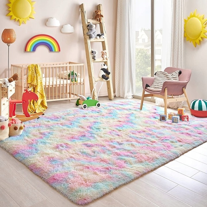 Fluffy Rainbow Nursery Rugs for Girls Kids Play Room Mats Bed
