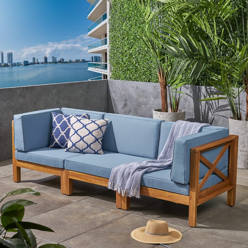 Brava Outdoor Cushioned Acacia Wood Sofa by Christopher Knight Home
