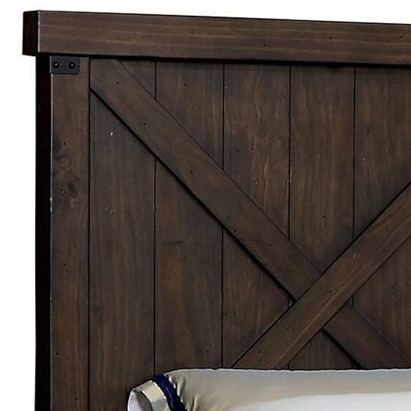 California King Bed with Plank Style X Shaped Details, Dark Brown