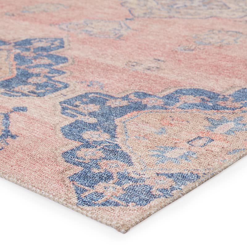 Adalee Machine Washable Medallion Pink/ Blue Area Rug