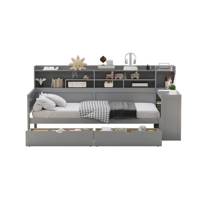 Twin/Full Size Daybed with 2 Storage Drawers and Bookcase Headboard, Wood Corner Platform Bed Frame with Built In Desk