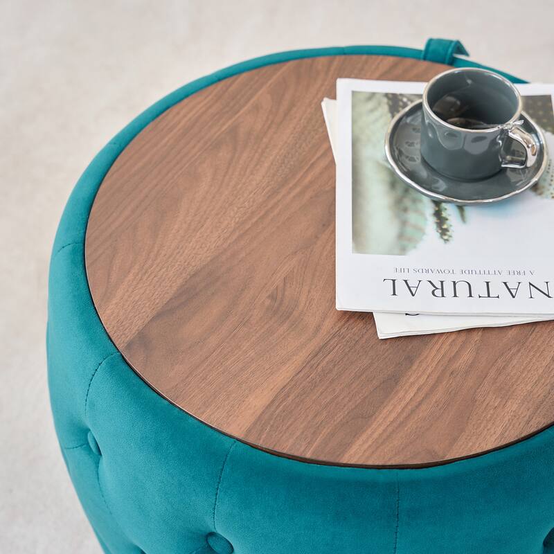 Luxurious Nesting Ottomans of 2, Round Storage Foot Stool with Wood Tray