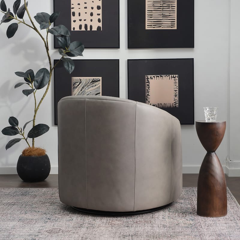KINWELL 32"W Top Grain Genuine Leather Swivel Barrel Armchair