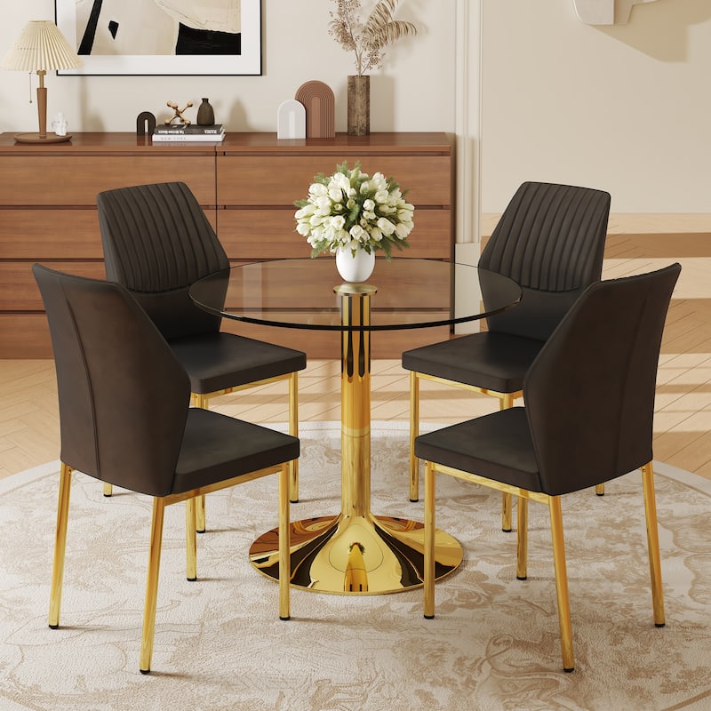 5-Piece Round Dining Table Set, 35 Inch Tempered Glass Table & 4 High-Resilience PU Chairs - Black+Gold