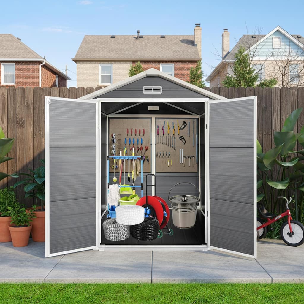 Roomfitters 6x6ft Plastic Storage Shed Outdoor Backyard Resin Garden House Double Door Lockable Tool Box Vents, Grey