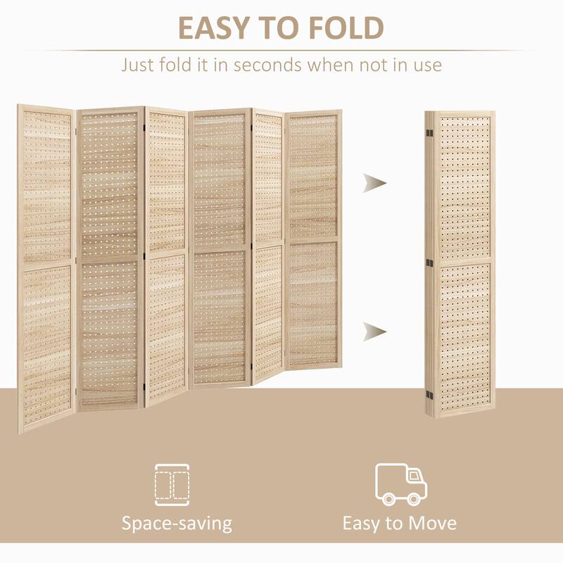 HOMCOM 6 Panel Room Divider, 5.6' Tall Indoor Portable Wood Folding Privacy Screen with Hook Holes