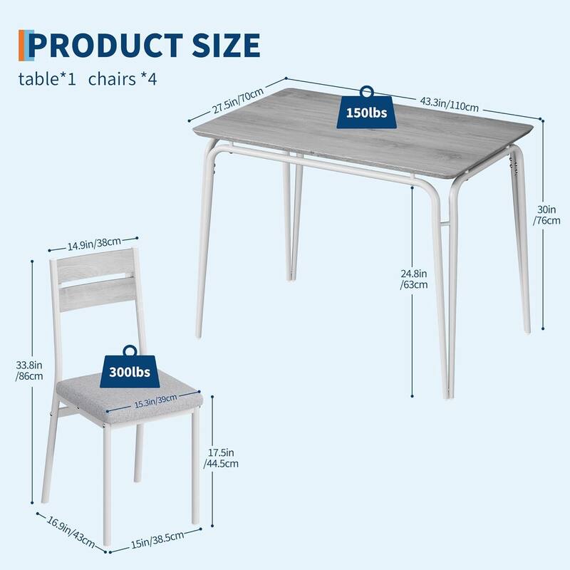 5-Piece Dining Table Set with Upholstered Chairs, Square Table with Metal Frame for Kitchen or Dining Room