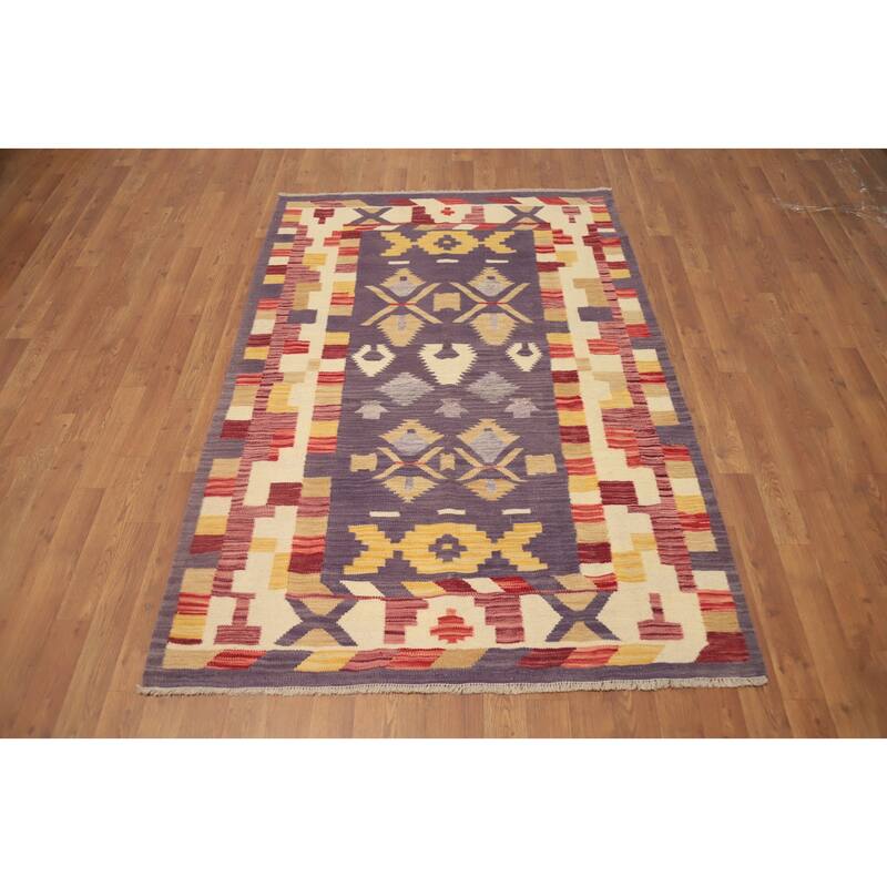 Hand Woven Oriental 100% Wool Carpet Southwestern Tribal Purples Kilim Area Rug - 5' 10'' X 4' 1''
